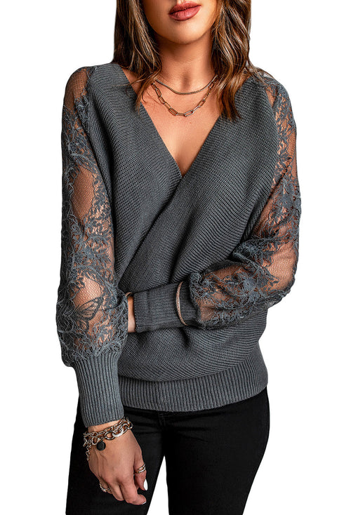 Sexy V Neck Surplice Hollow-Out Sweater With Lace Sleeves